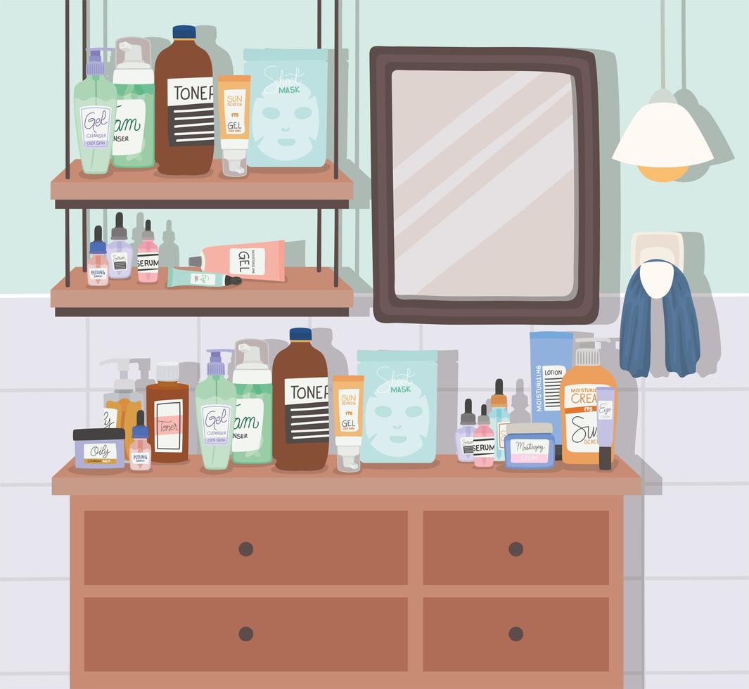 prodotti per la cura della pelle e specchio in bagno vettore