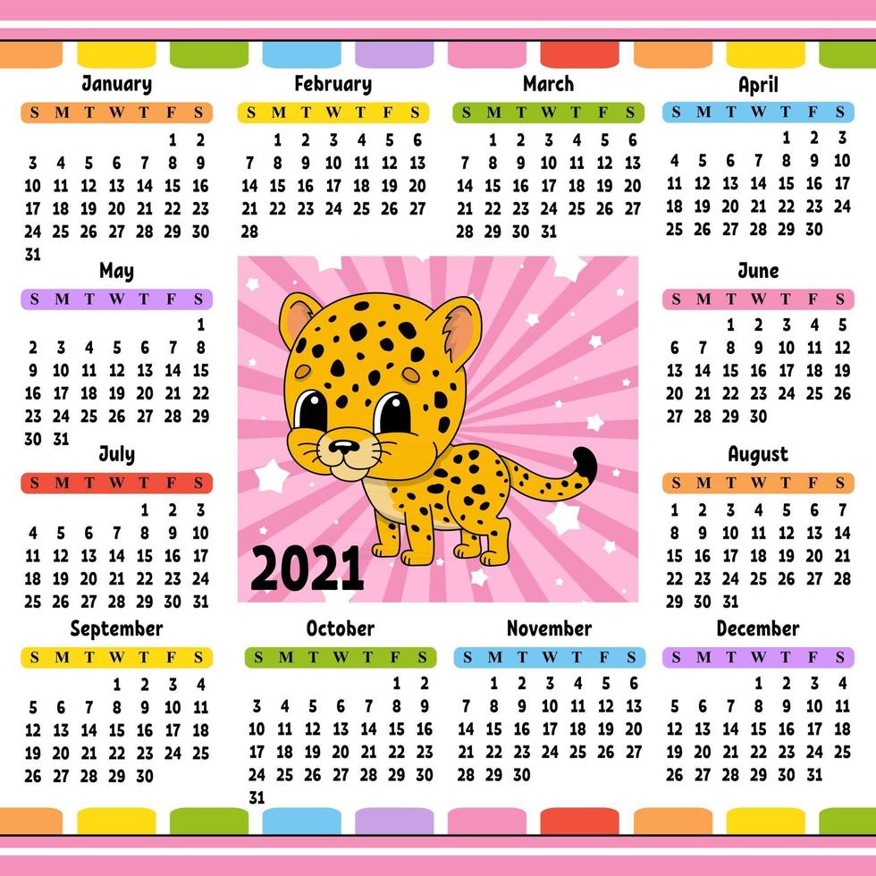 calendario per il 2021 con un simpatico personaggio. giaguaro maculato. design divertente e luminoso. illustrazione vettoriale di colore isolato. stile cartone animato.