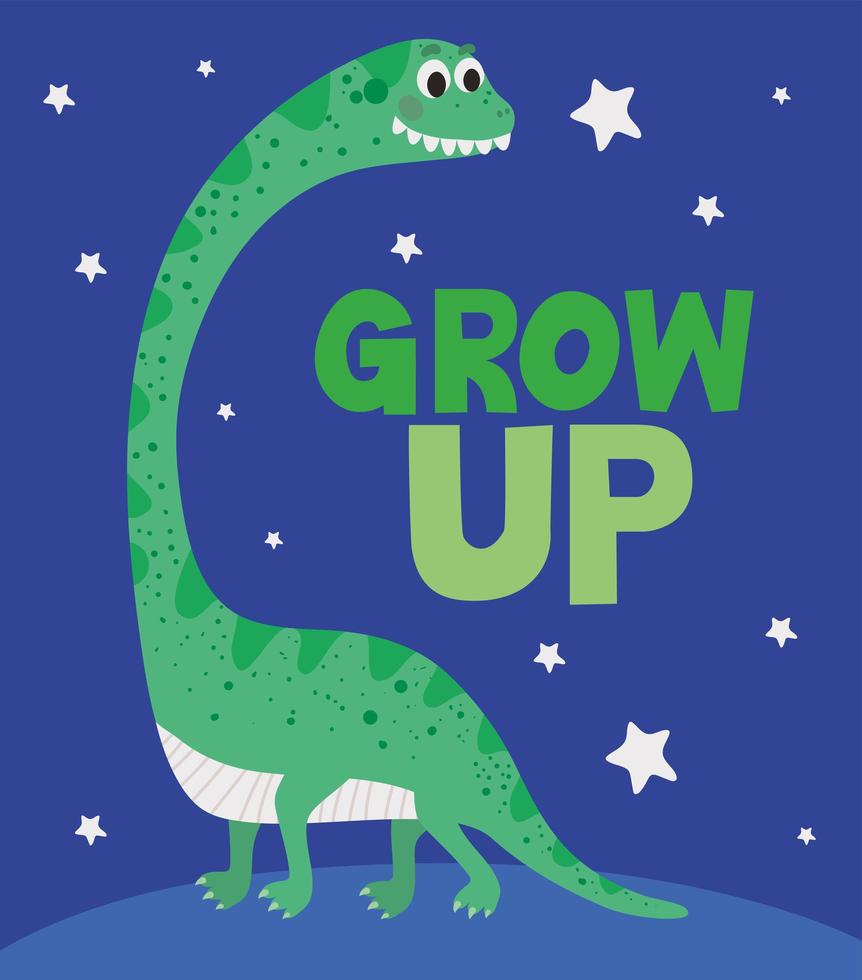 crescere scritte e un bambino illustrazione di un dinosauro verde scuro vettore