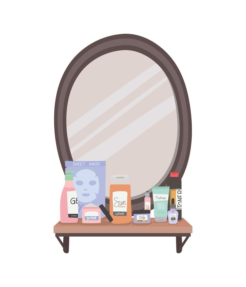 specchio e set di icone per la cura della pelle su uno scaffale vettore