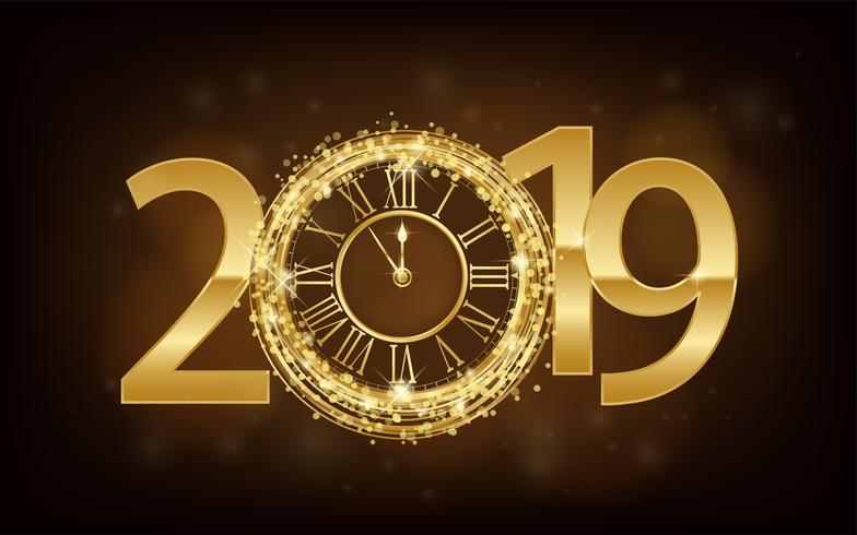 Happy New Year 2019 - New Year Brillante sfondo con orologio d'oro e glitter. Illustrazione vettoriale