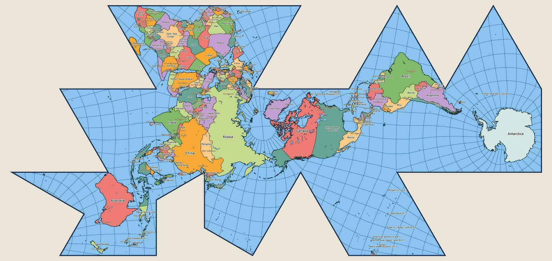 vettore politico mondo carta geografica più pieno proiezione, dymaxion mondo carta geografica