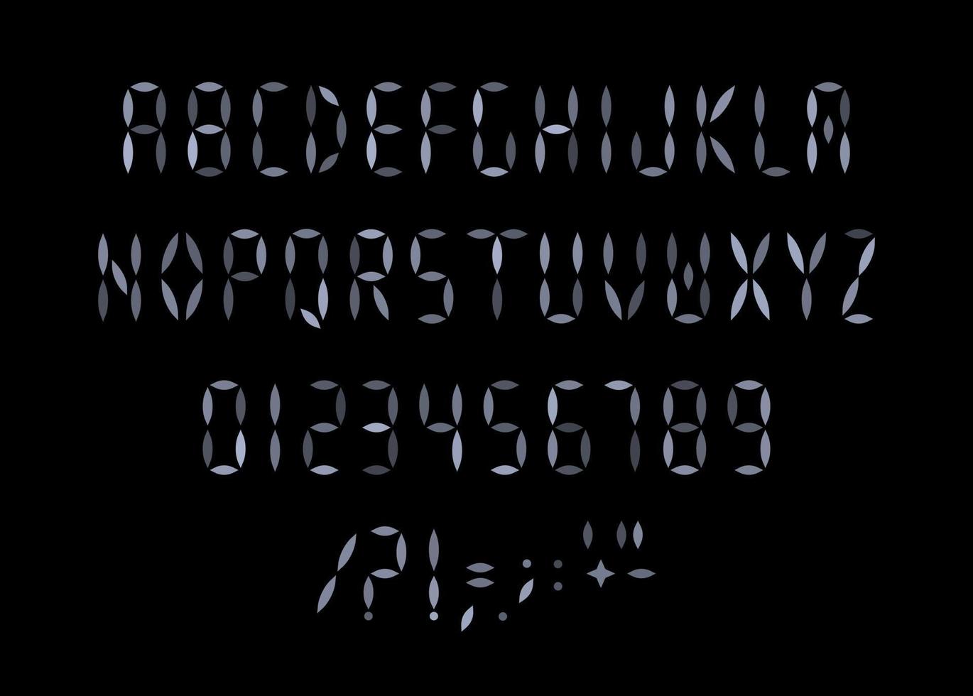 lettere, numeri e segni impostati per tabellone digitale. trattini strisce, segmenti in stile alfabeto. carattere per display a led, tabellone segnapunti, schermo del dispositivo elettronico, tabellone numerico. disegno tipografico vettoriale vector