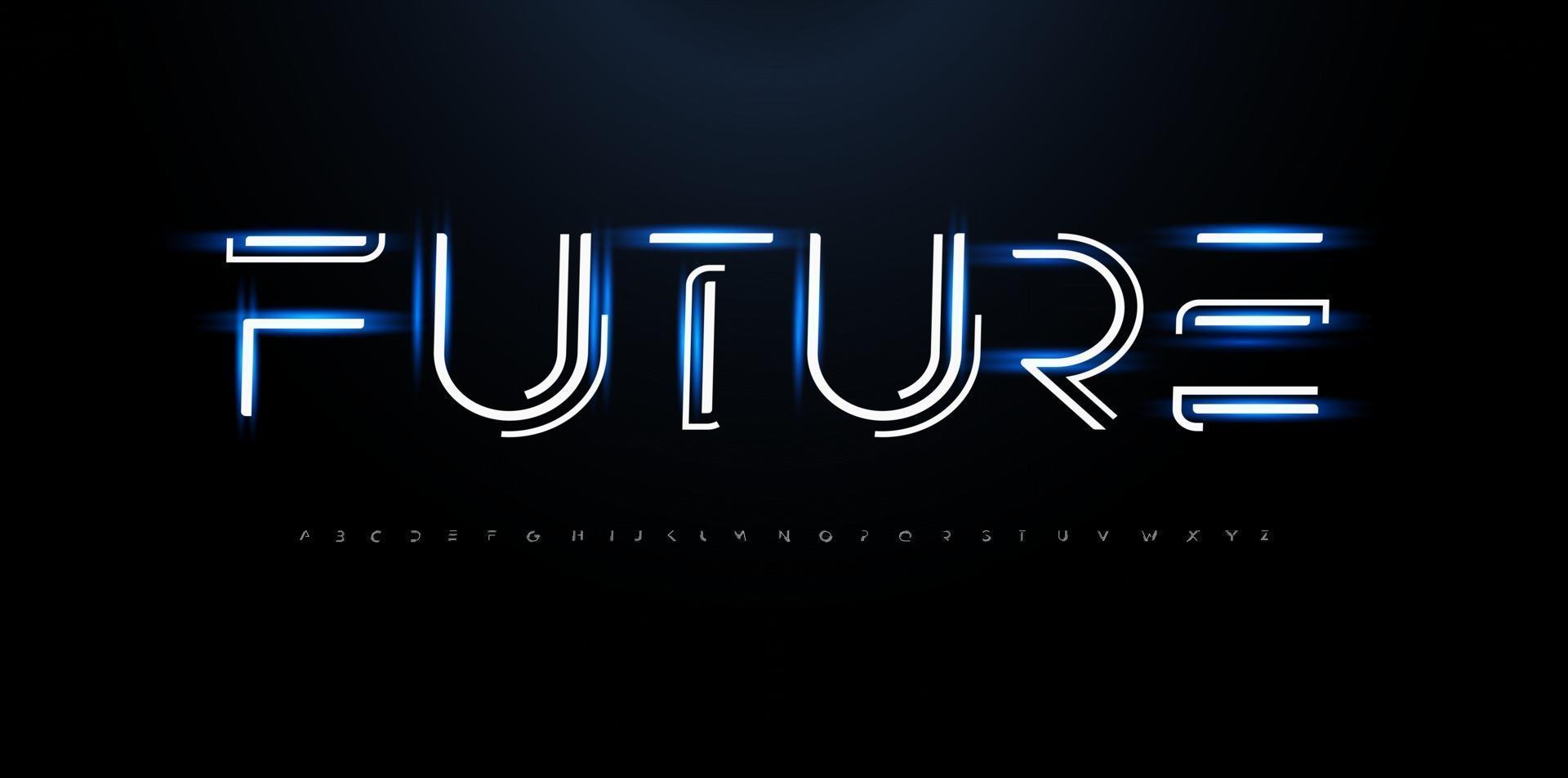 alfabeto stile futuro. carattere di innovazione della linea, tipo cyber tech per logo futuristico innovativo, monogramma techno, rete e grafica hud. lettere in stile scienza nuova tecnologia, design tipografico vettoriale