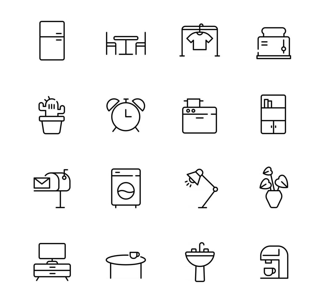 collezione di icone di oggetti di scena per interni mobili. delineare l'illustrazione del design semplice. vettore
