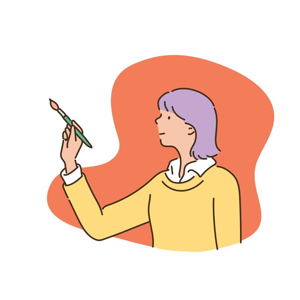 una ragazza sta dipingendo con un pennello. illustrazioni di disegno vettoriale stile disegnato a mano.