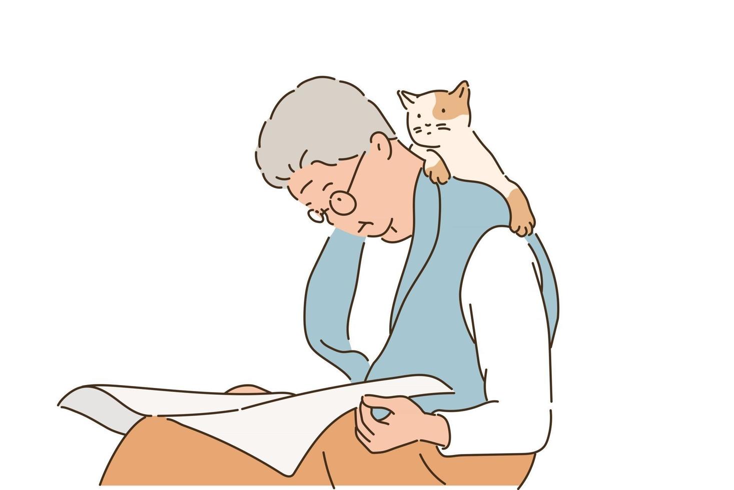 il nonno sta leggendo il giornale e il gatto è seduto sulla sua spalla. illustrazioni di disegno vettoriale stile disegnato a mano.