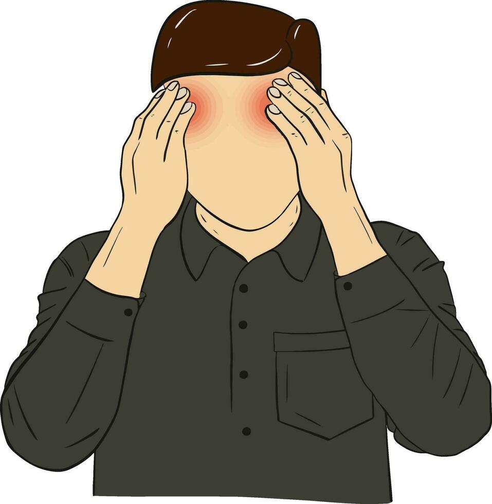 mano disegnato cartone animato illustrazione di un' maschio toccante e dolore occhio a partire dal uso il tuo occhi per un' lungo tempo vettore