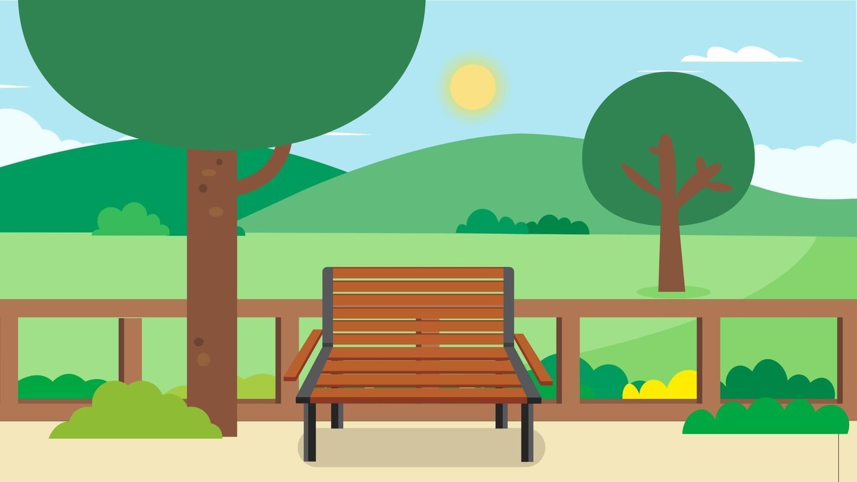 parco pubblico con panchina e paesaggio naturale background.vector illustration.flat green park cartoon.garden in summer vettore