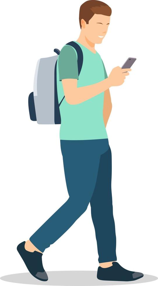 giovane uomo che cammina con tenendo smartphone.illustrazione vettoriale.maschio piatto con stile di vita moderno vettore