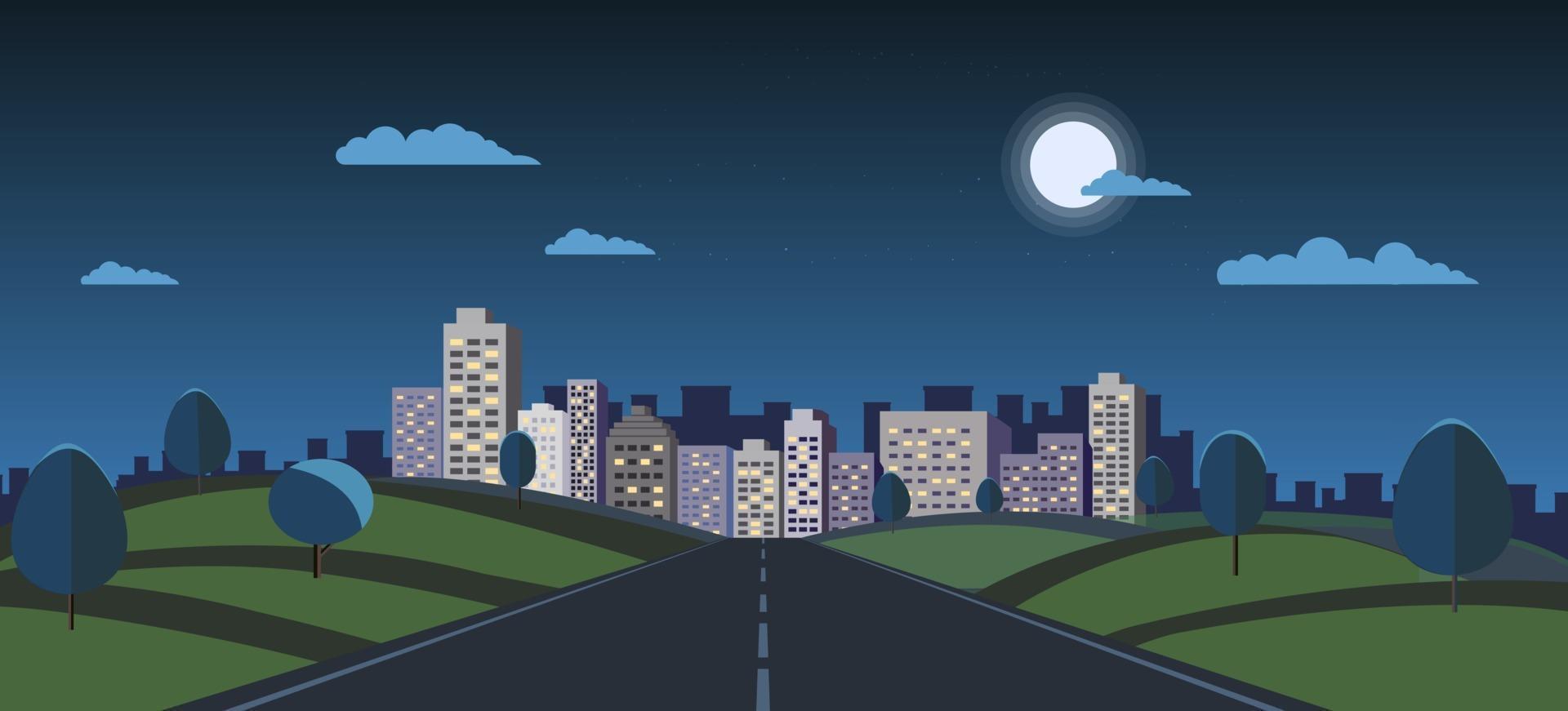 paesaggio urbano notturno con illustrazione vettoriale di paesaggio naturale. parco pubblico e città notturna con la luna e il cielo. scena oscura con la strada per la città. vista notturna dell'edificio
