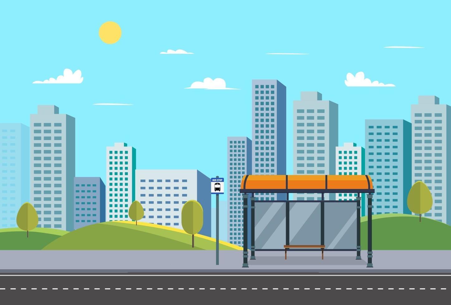 fermata dell'autobus sulla strada principale urbano.parco pubblico con città e fermata dell'autobus e paesaggio naturale.fermata dell'autobus firmare in centro.illustrazione vettoriale