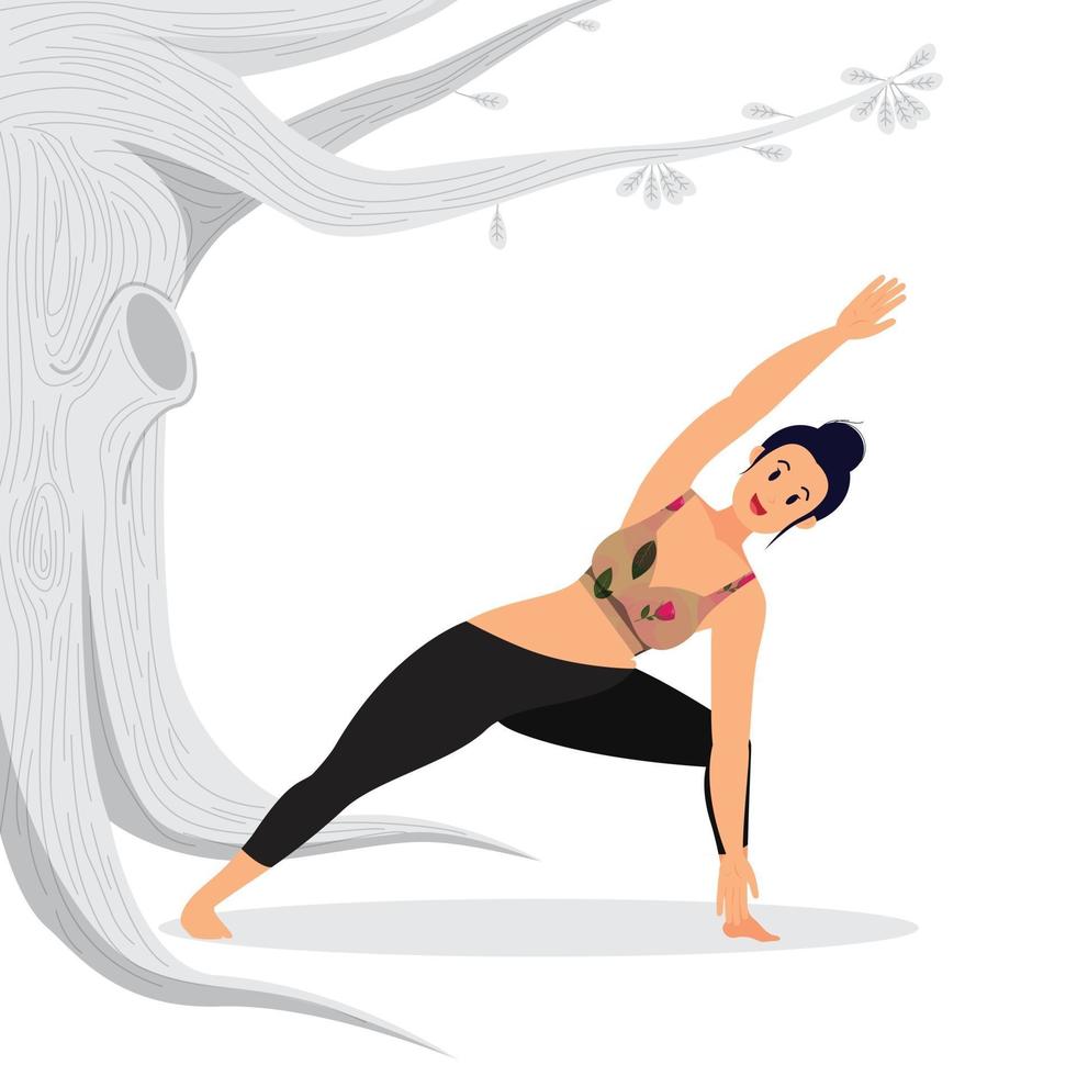 donna in piedi nella posa yoga del polmone a mezzaluna ruotato con le braccia tese, praticando yoga asana vettore