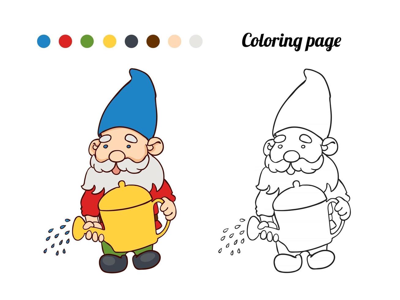 illustrazione di un simpatico gnomo da giardino con un annaffiatoio. pagina da colorare o libro per il bambino vettore