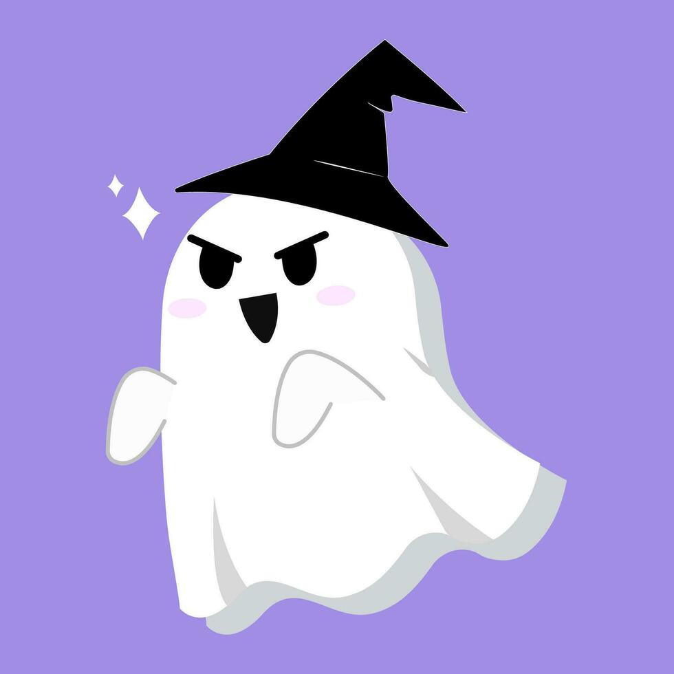 carino fantasma. indossare divertente strega cappello. cartone animato personaggio e piatto design. vettore illustrazioni per Halloween giorno.