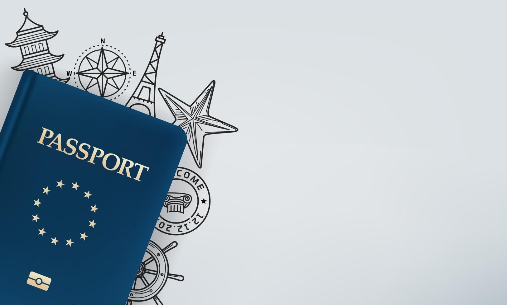 concetto di viaggio per il mondo con passaporto e scarabocchi elementi vettore