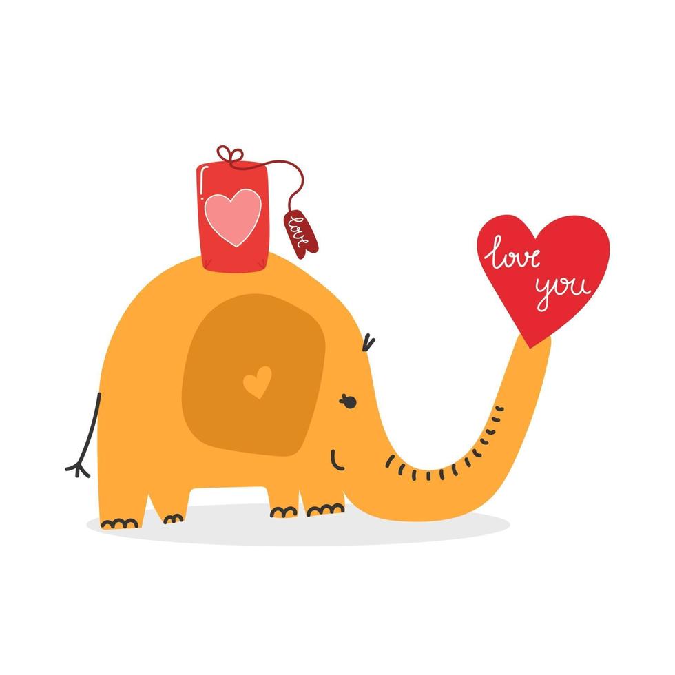 elefante carino disegnato a mano con scatola regalo e cuore amore e concetto di san valentino illustrazione piatta vettore