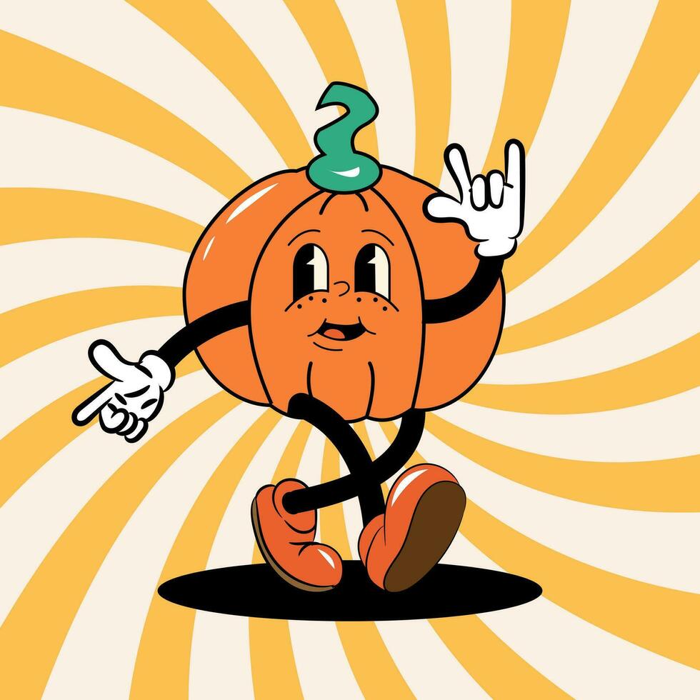 divertente retrò illustrazione con retrò cartone animato zucca personaggio nel Groovy 70s Vintage ▾ stile. vettore