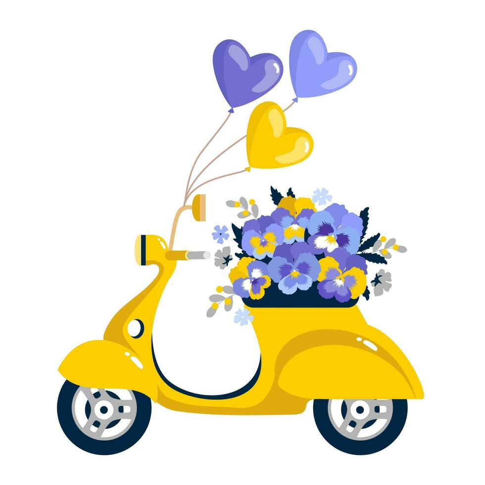 un' luminosa giallo scooter con un bracciata di viole del pensiero e palloncini. vettore. illustrato clipart. vettore