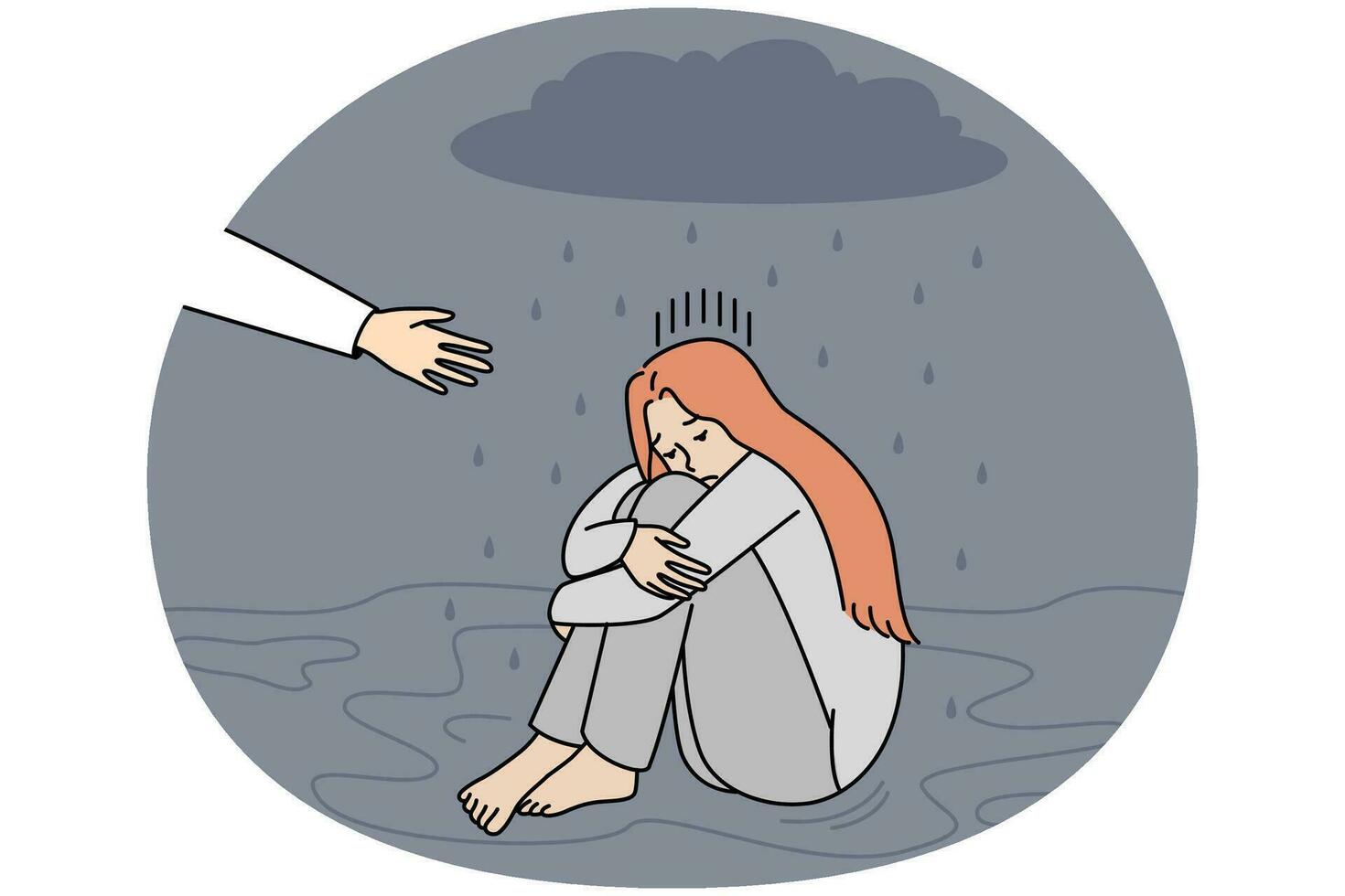 infelice ragazza seduta sotto pioggia nube ignorare porzione mano dare sostegno. persona allungare mano salvare irritato donna nel depressione. mentale i problemi. vettore illustrazione.