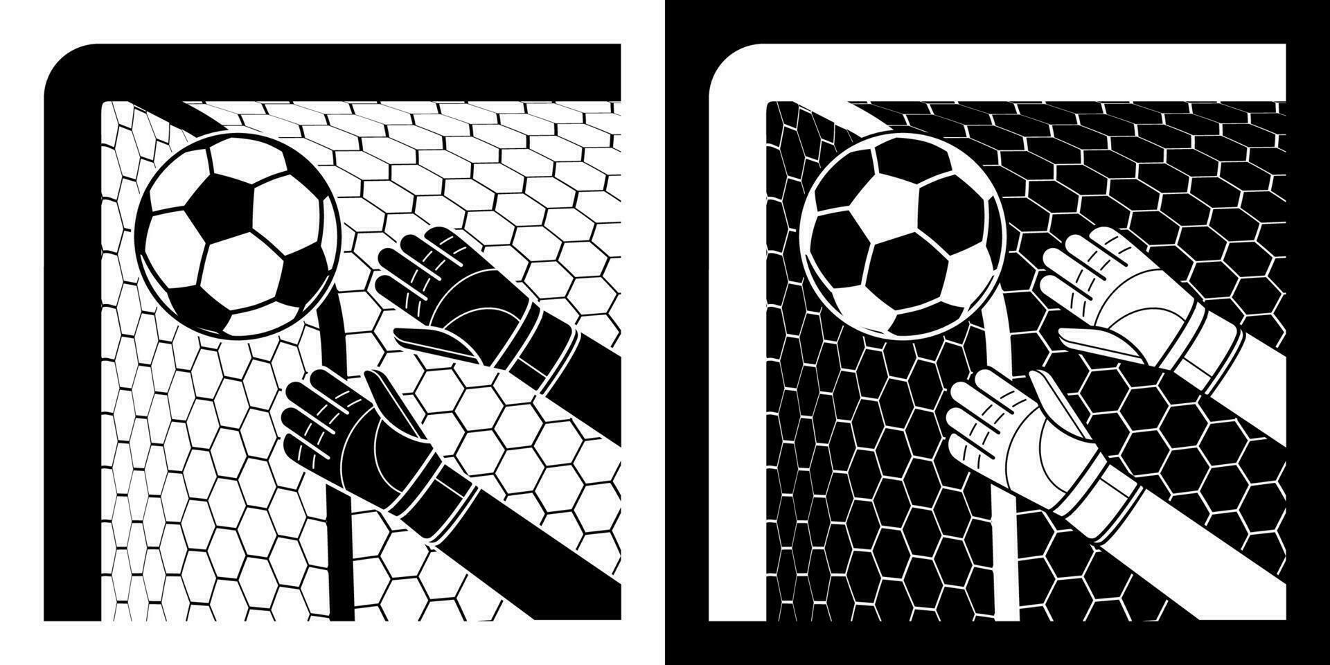 portiere guantato mani catturare calcio palla volante in angolo di obiettivo. calcio portiere protettivo Ingranaggio. isolato vettore su bianca sfondo