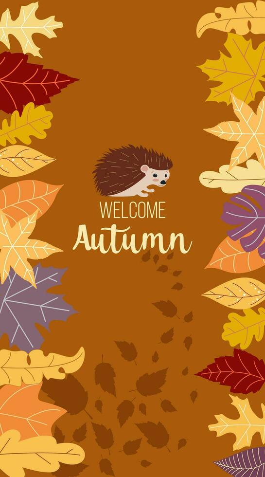 benvenuto per autunno. il tendenza calligrafia. vettore illustrazione su il sfondo di autunno le foglie. concetto autunno pubblicità. riccio.