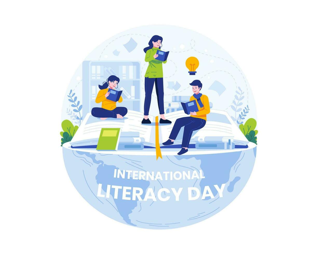internazionale alfabetizzazione giorno illustrazione. giovane persone celebrare alfabetizzazione giorno di lettura libri vettore