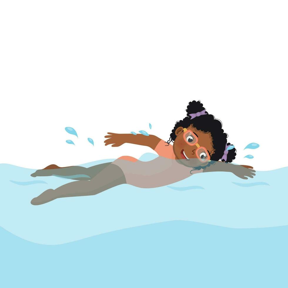 carino poco africano ragazza indossare googles godendo nuoto nel un' piscina vettore