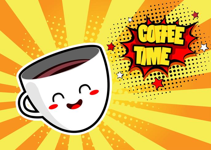 Priorità bassa di arte di schiocco con la tazza e la bolla di discorso sveglie di caffè con il testo di Coffee Time. Illustrazione disegnata a mano colorata di vettore in stile retrò comico.