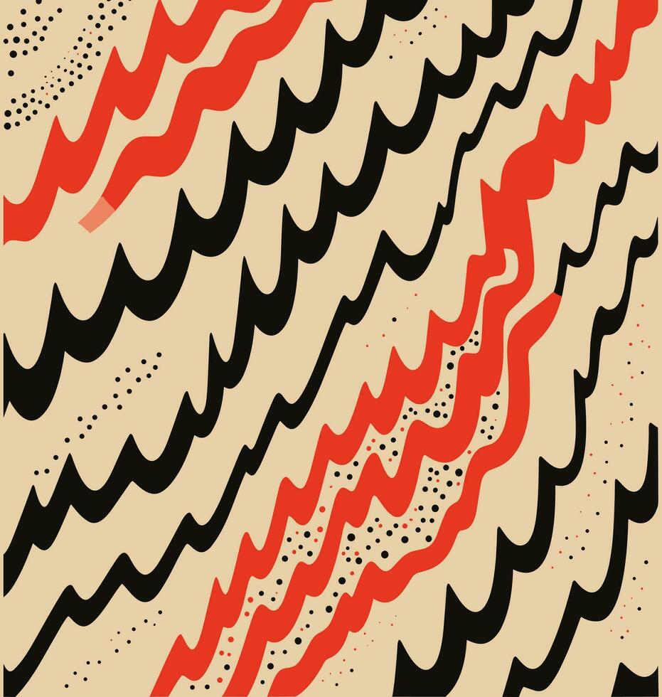 zigzag Linee al di sopra di un' abbronzatura sfondo, nel il stile di buio nero e rosso, polka punti, a flusso libero linee, allungata forme, lineare illustrazioni, strambo forma vettore