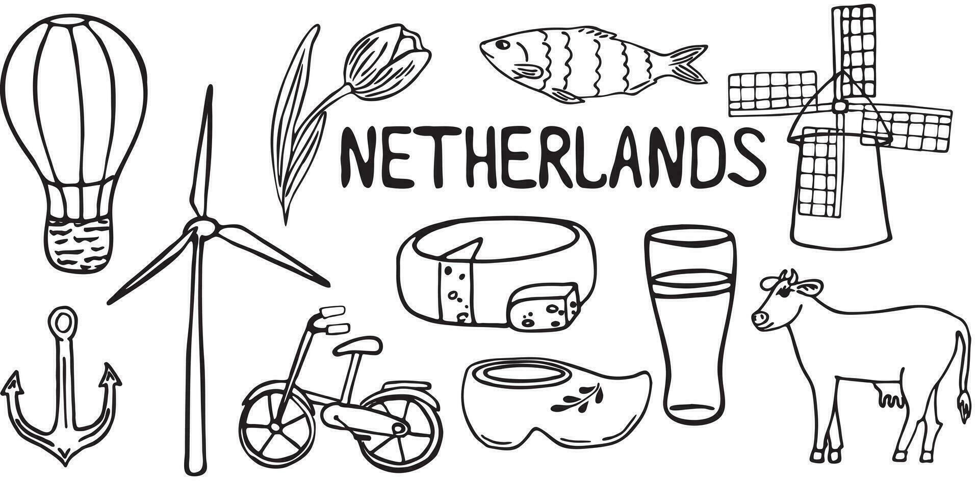 un' impostato di attrazioni nel il Olanda. vettore illustrazione. isolato su un' bianca sfondo. tulipani, Palloncino, formaggio, Olanda, bicicletta, ancora, mulini, pesce, birra.