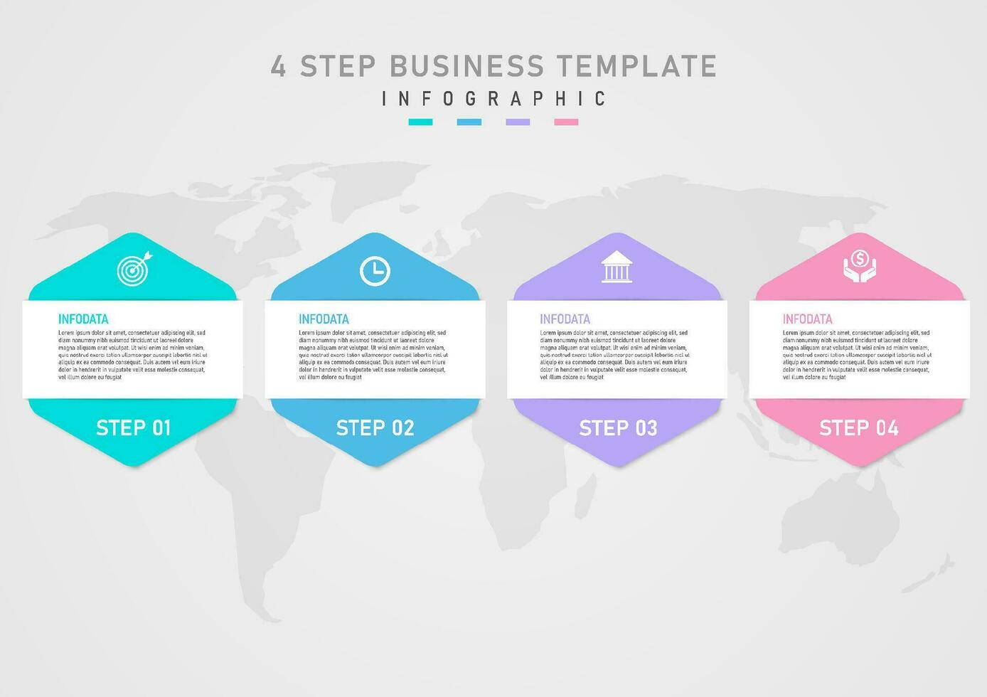 Infografica modello semplice attività commerciale esagono pastello Multi colorato icone superiore il numeri sotto il mezzo avere un' bianca piazza e il lettere sotto avere un' carta geografica. grigio pendenza sfondo vettore