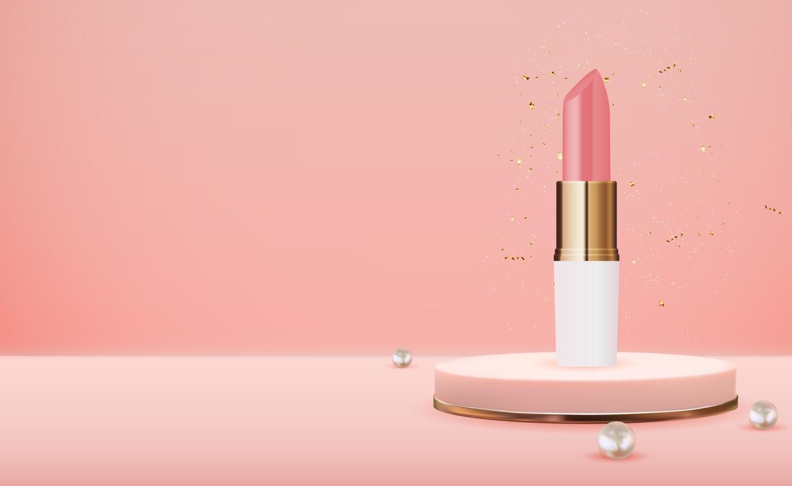 Rossetto naturale realistico 3d su podio rosa con modello di design di perle di prodotti cosmetici di moda vettore