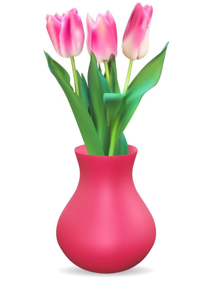 vaso 3d realistico con fiore di tulipani vettore