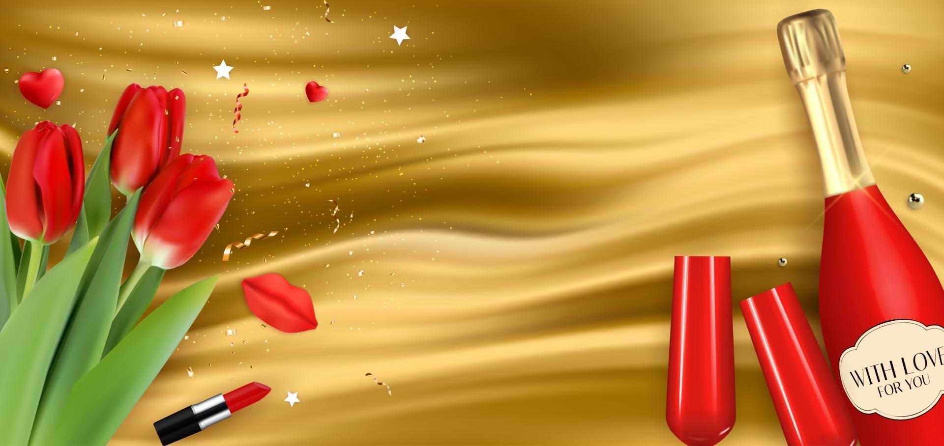 realistica bottiglia rossa champagne 3d e bicchieri e tulipani su sfondo di seta dorata golden vettore