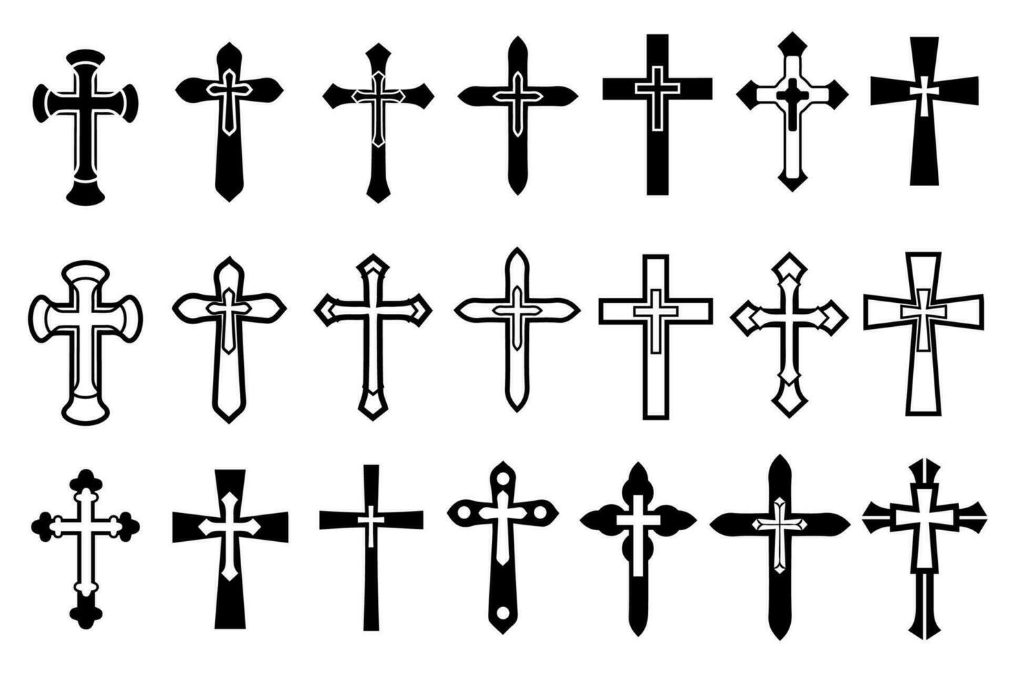 decorativo crocifisso religione cattolico simbolo, cristiano croci. ortodosso fede Chiesa attraversare icone disegno, isolato piatto impostare. vettore illustrazione.