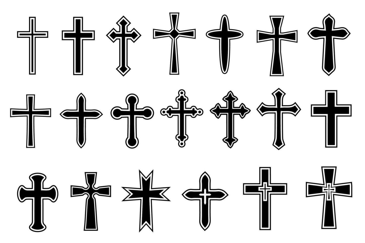 decorativo crocifisso religione cattolico simbolo, cristiano croci. ortodosso fede Chiesa attraversare icone disegno, isolato piatto impostare. vettore illustrazione.