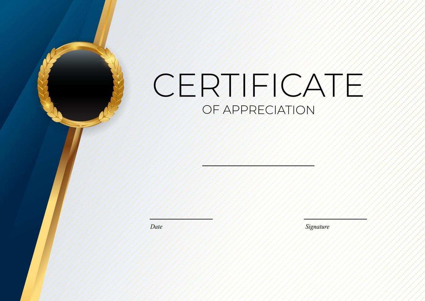 certificato blu e oro del modello di realizzazione imposta lo sfondo con distintivo e bordo in oro vettore