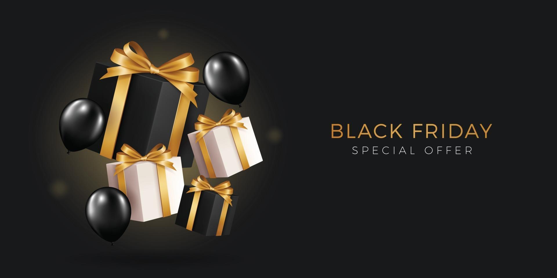 sfondo di scatole di palloncini e regali neri realistici di vendita eccellente di venerdì nero vettore
