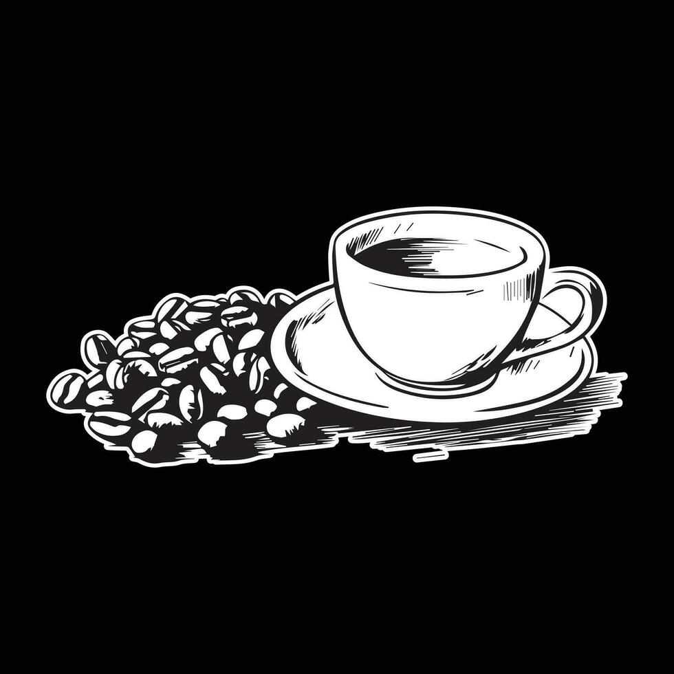 schizzo illustrazioni un' tazza di caffè e caffè fagioli nero e bianca vettore