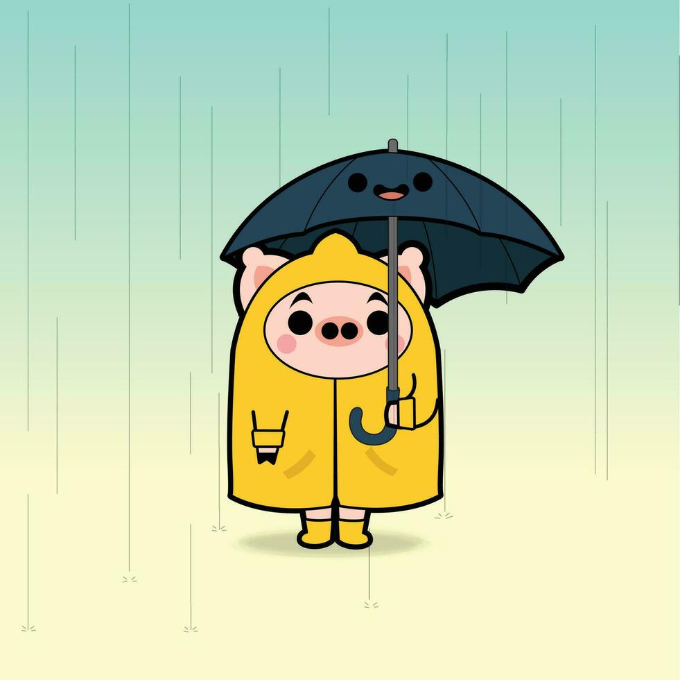 maiale nel pioggia cappotto cartone animato personaggio gratuito vettore design