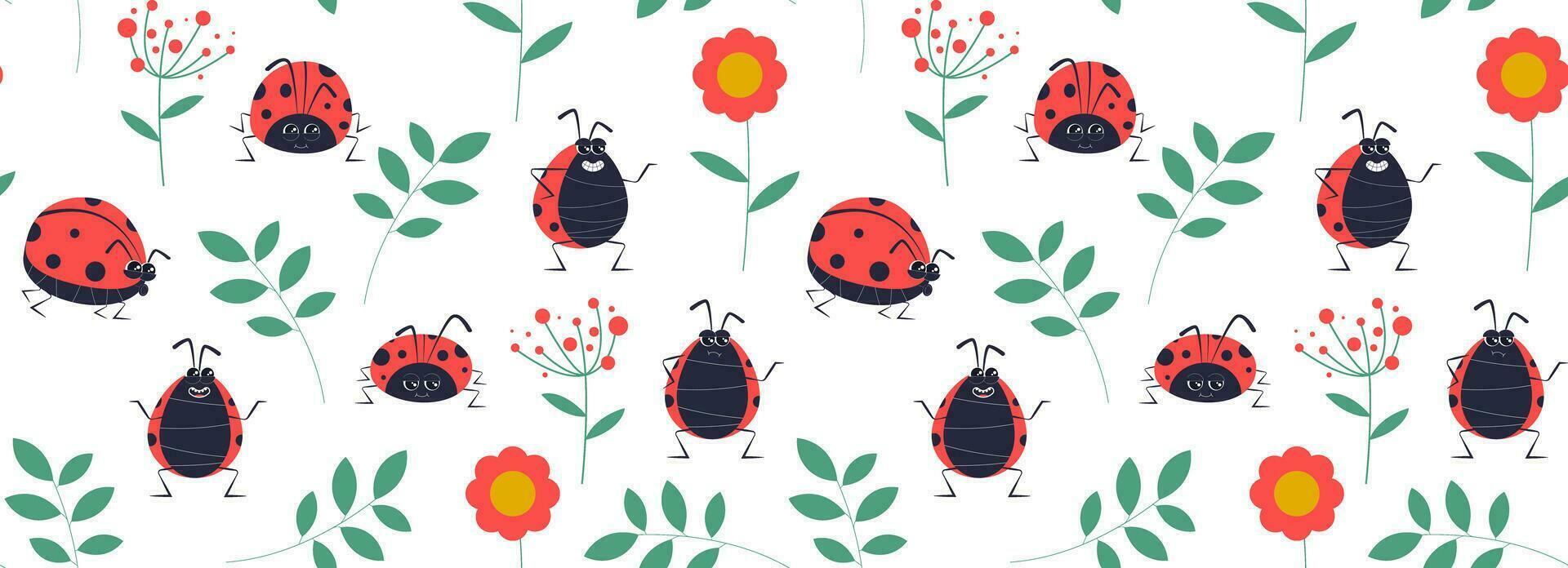 carino coccinella carattere. senza soluzione di continuità sfondo. cartone animato poco coccinella mascotte. divertente figli di disegno. vettore disegno su un' bianca isolato sfondo.