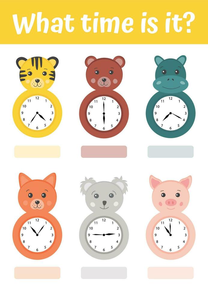 attività educativa che racconta il tempo con orologio a forma di animali divertenti del fumetto. apprendimento in età prescolare. un gioco per bambini. foglio di lavoro per i bambini delle scuole. giochi utili per la scuola materna e la scuola materna. vettore