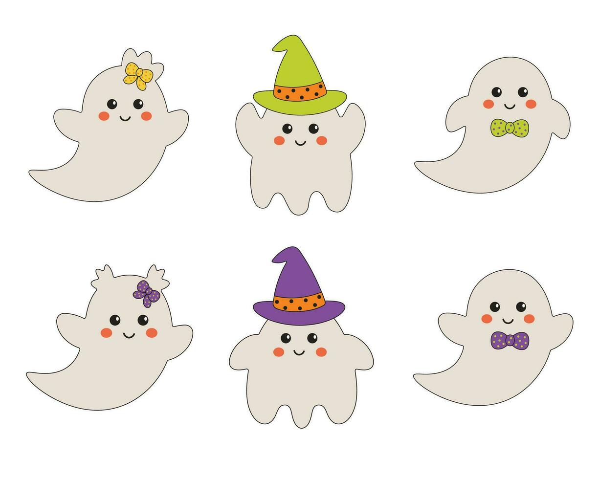 Halloween fantasma carino personaggi collezione. vettore cartone animato infantile stile. decorativo elementi per carte, invito, festa attributi.