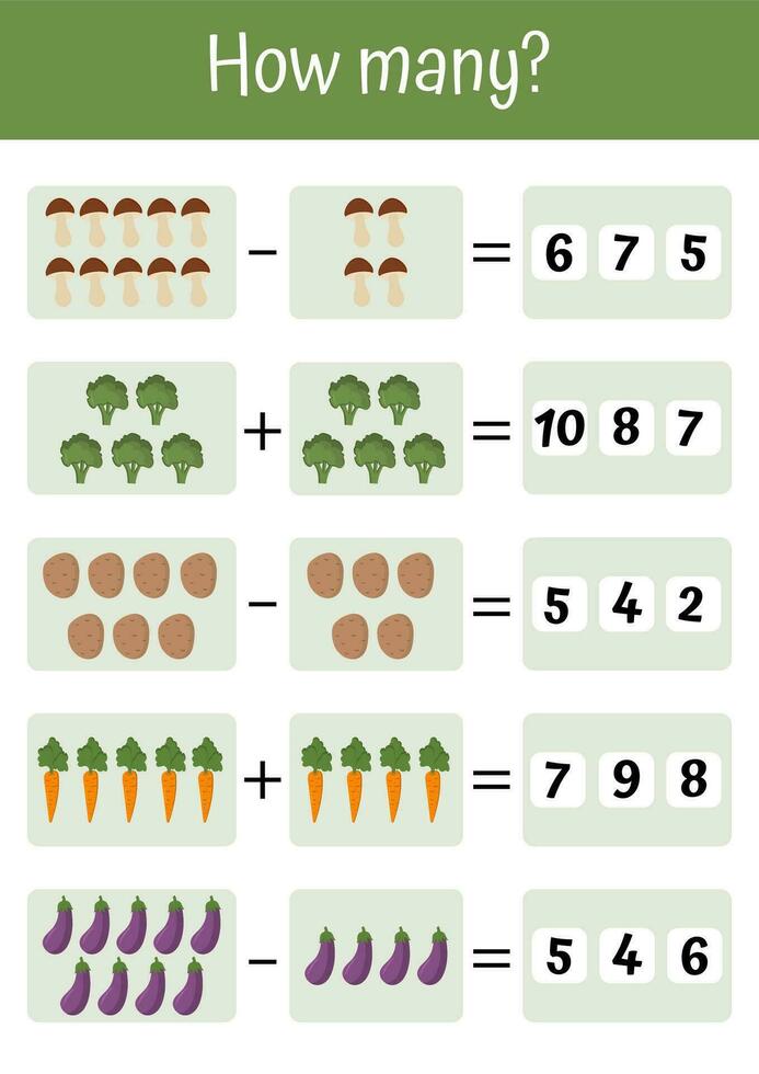 interattivo e colorato matematica esercizi per bambini. aggiunta, sottrazione, e matematico Giochi. ideale per prescolastico formazione scolastica e pedagogico scopi. verdure e frutta matematico liste. vettore