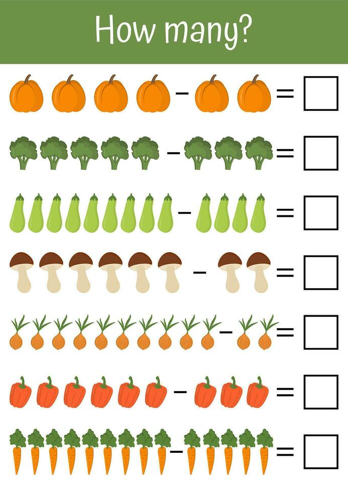 aggiunta, sottrazione, e conteggio per presto bambino sviluppo. Perfetto per scuole e asili. verdure e frutta matematico liste. incontro il corretta risposte, imparare matematica con interesse. vettore