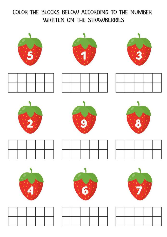 foglio di lavoro per bambini. colore il blocchi sotto secondo per il numero su il fragole. vettore