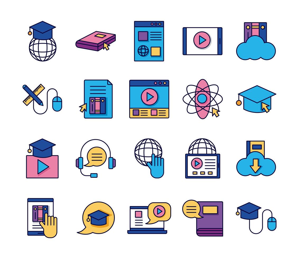 pacchetto di icone di set online di istruzione vettore