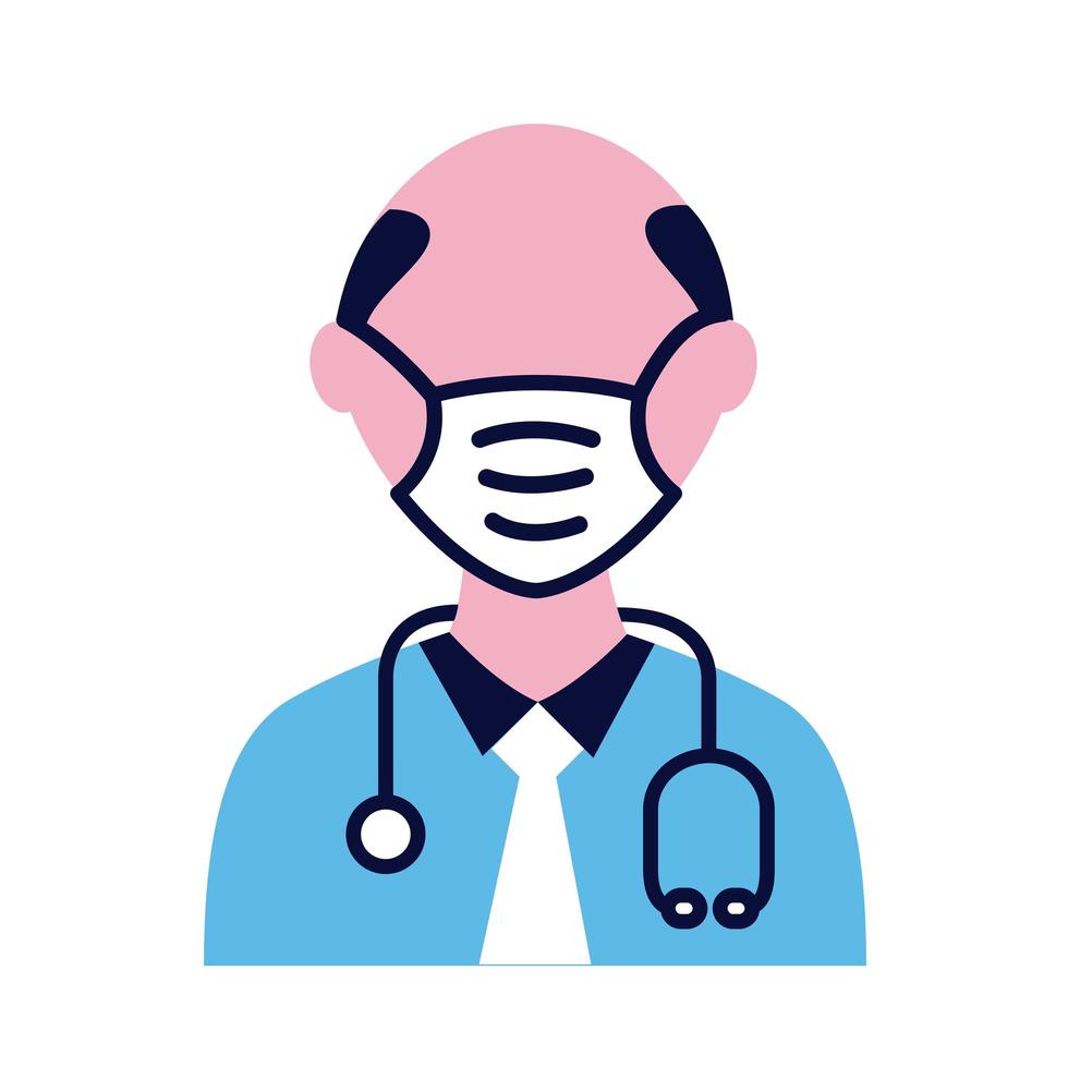 medico maschio che indossa maschera medica con icona di stile piatto stetoscopio vettore