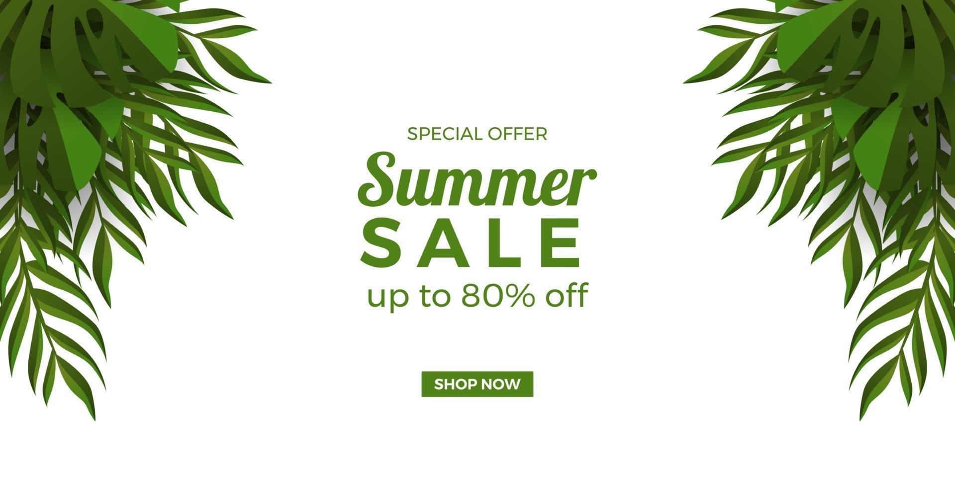 promozione banner offerta saldi estivi con decorazione cornice foglie verdi tropicali con sfondo bianco vettore